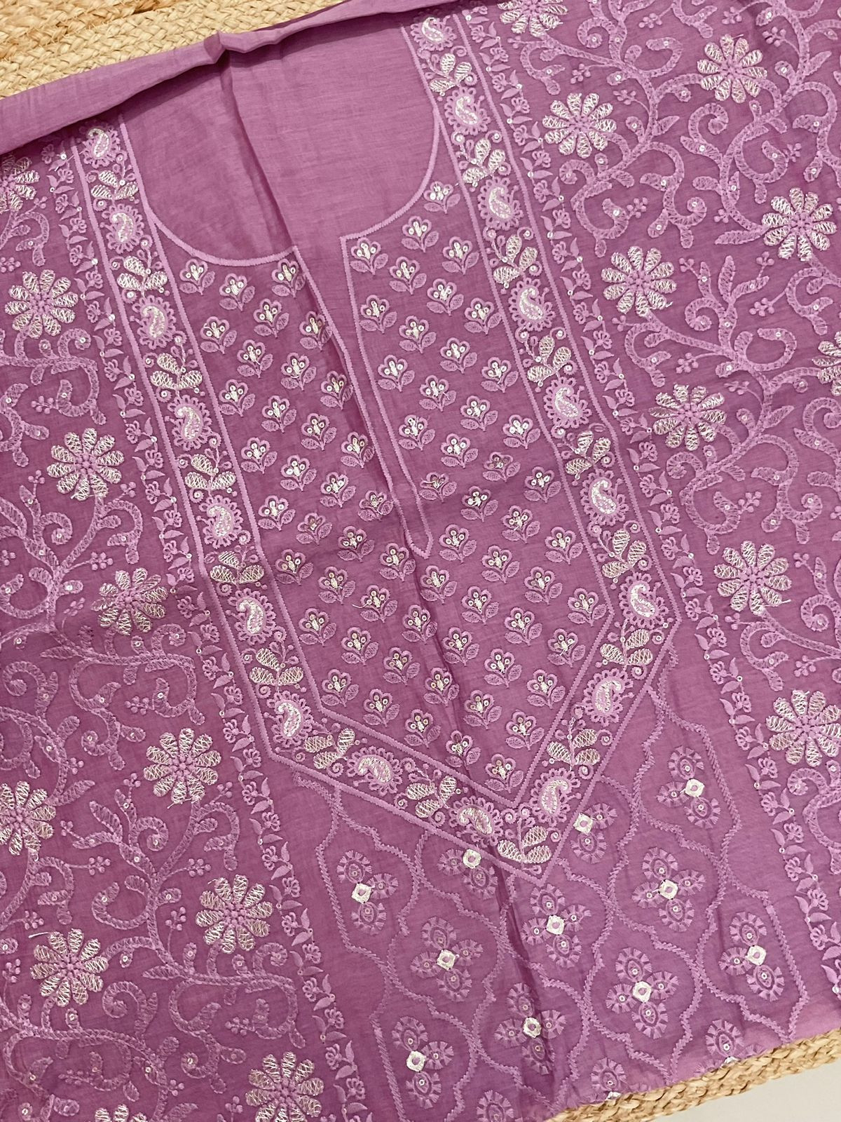 Pure Mul Chanderi Embroidered Suit - Mauve