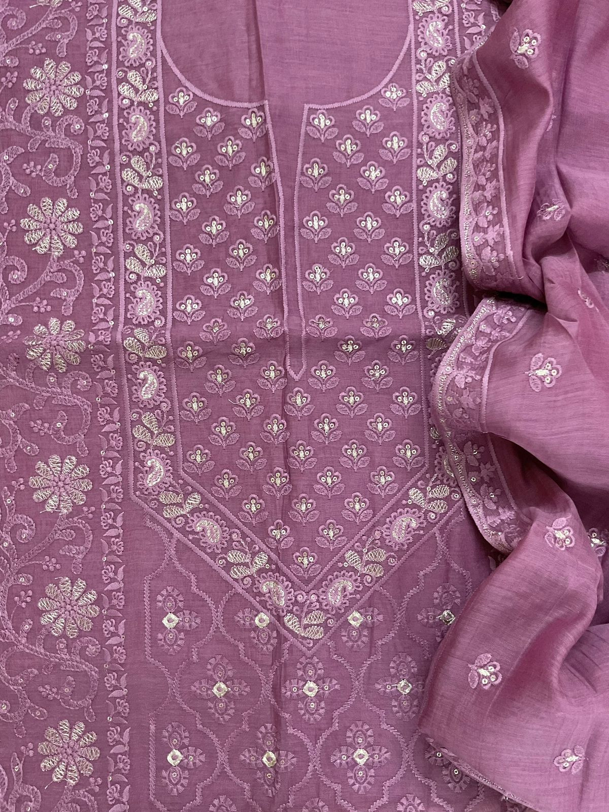 Pure Mul Chanderi Embroidered Suit - Mauve