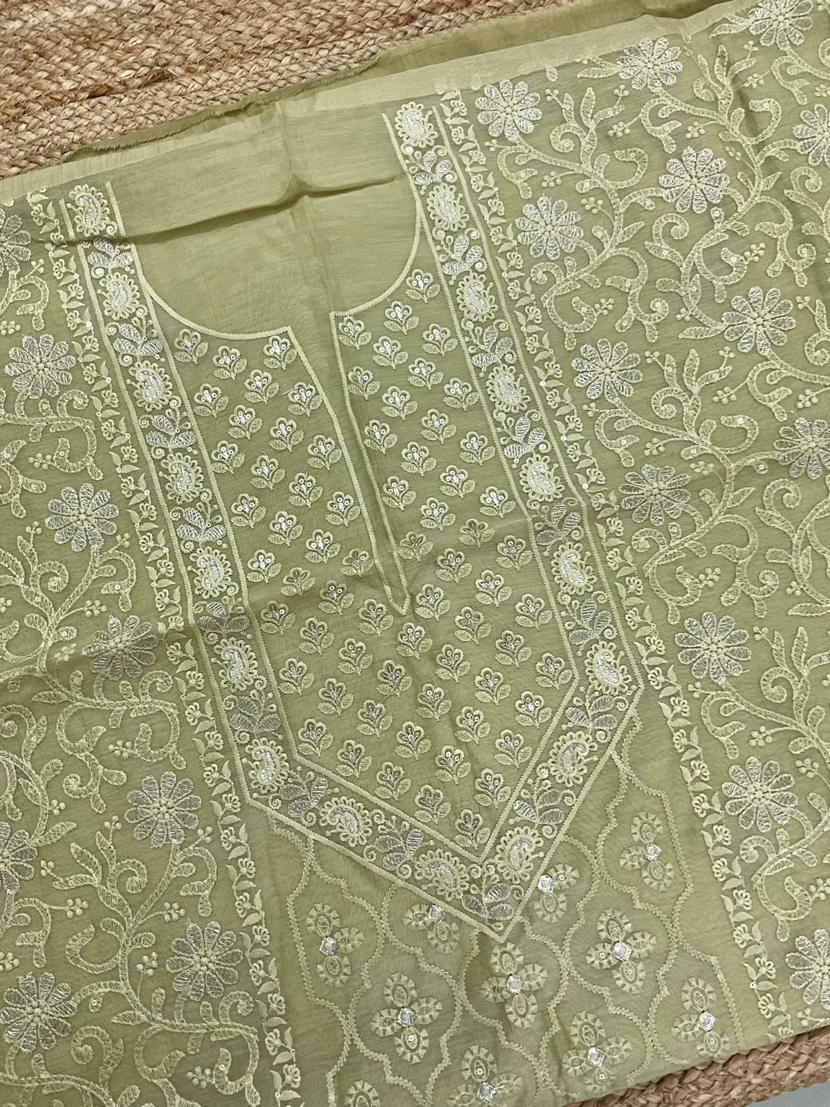 Pure Mul Chanderi Embroidered Suit - Green