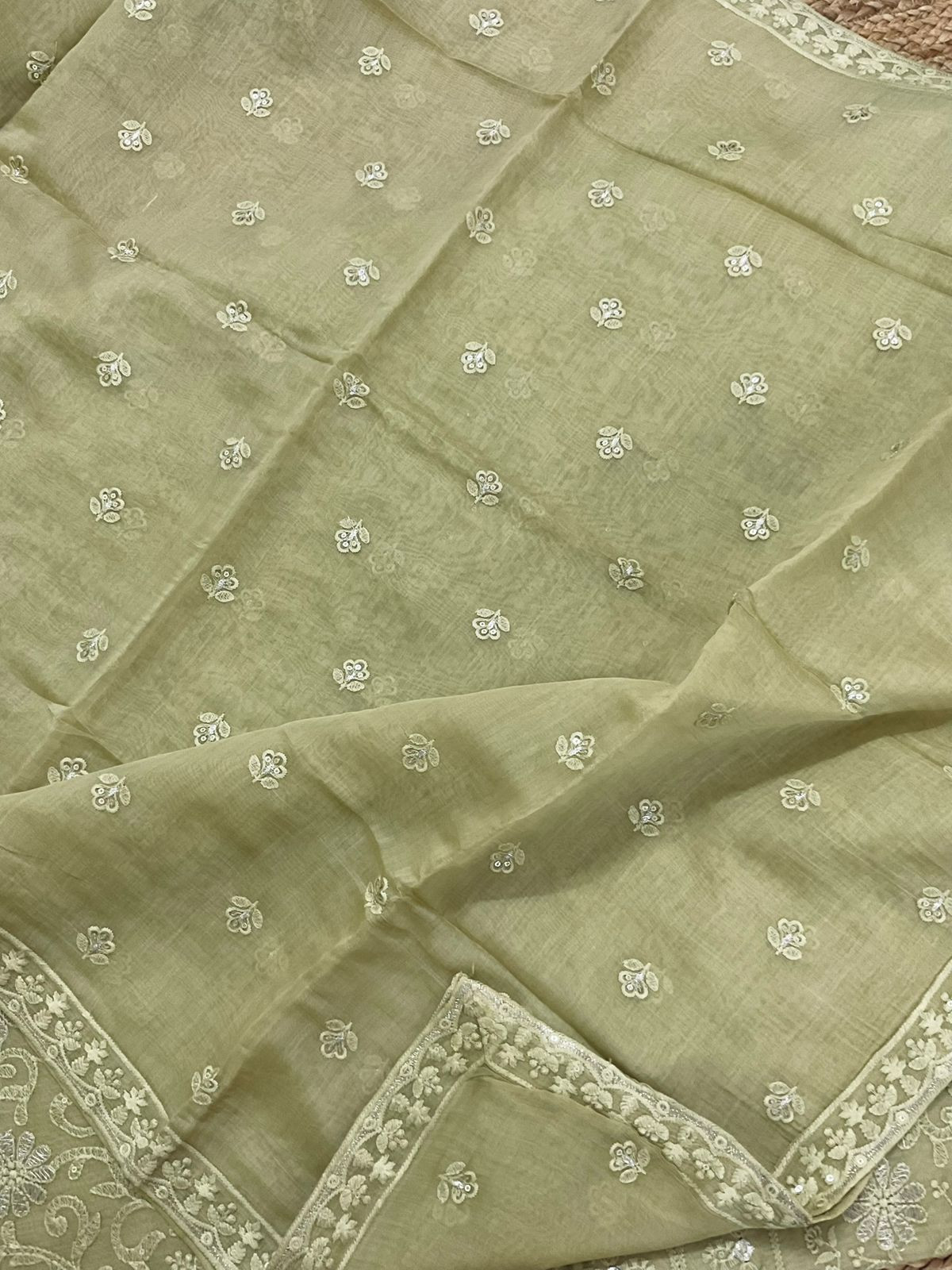 Pure Mul Chanderi Embroidered Suit - Green