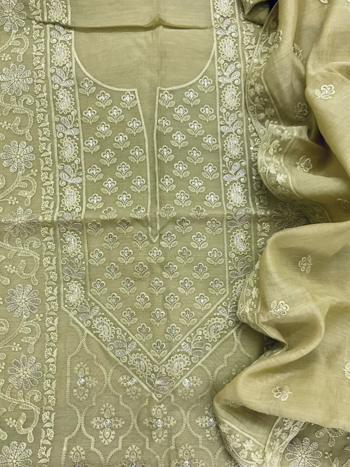 Pure Mul Chanderi Embroidered Suit - Green