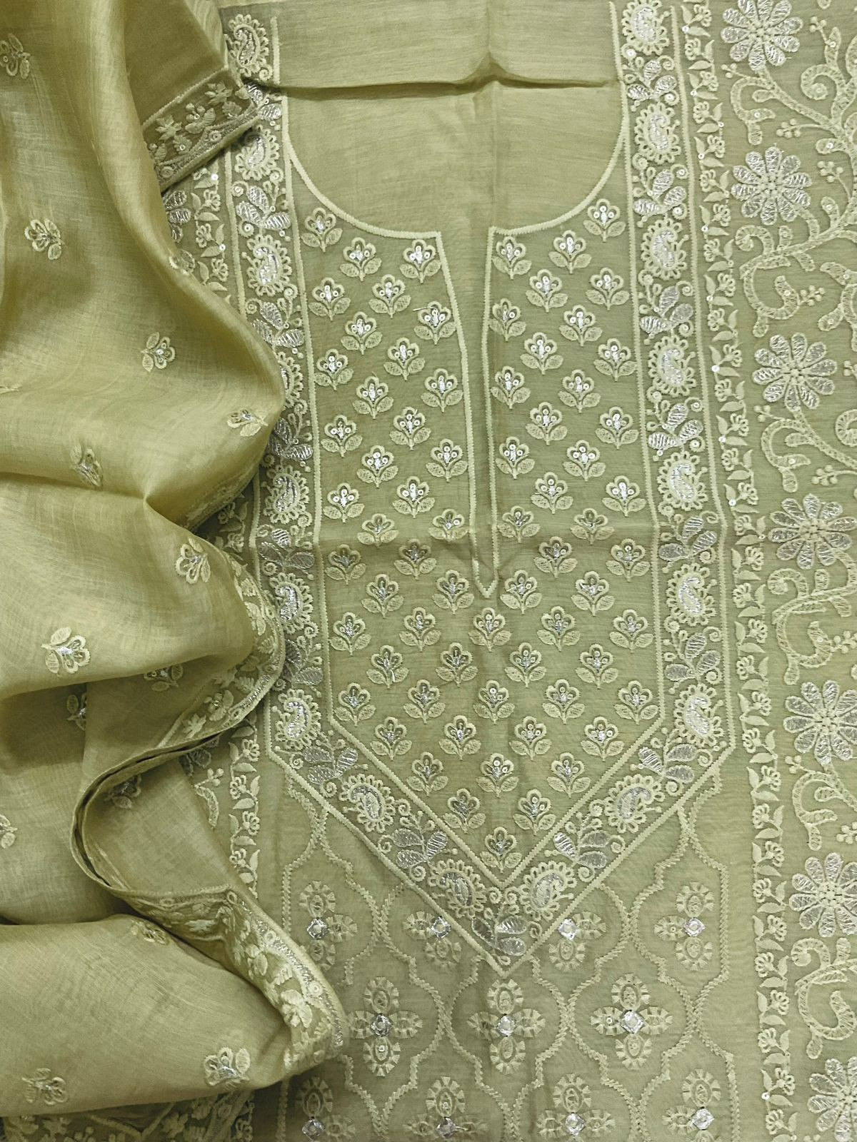 Pure Mul Chanderi Embroidered Suit - Green