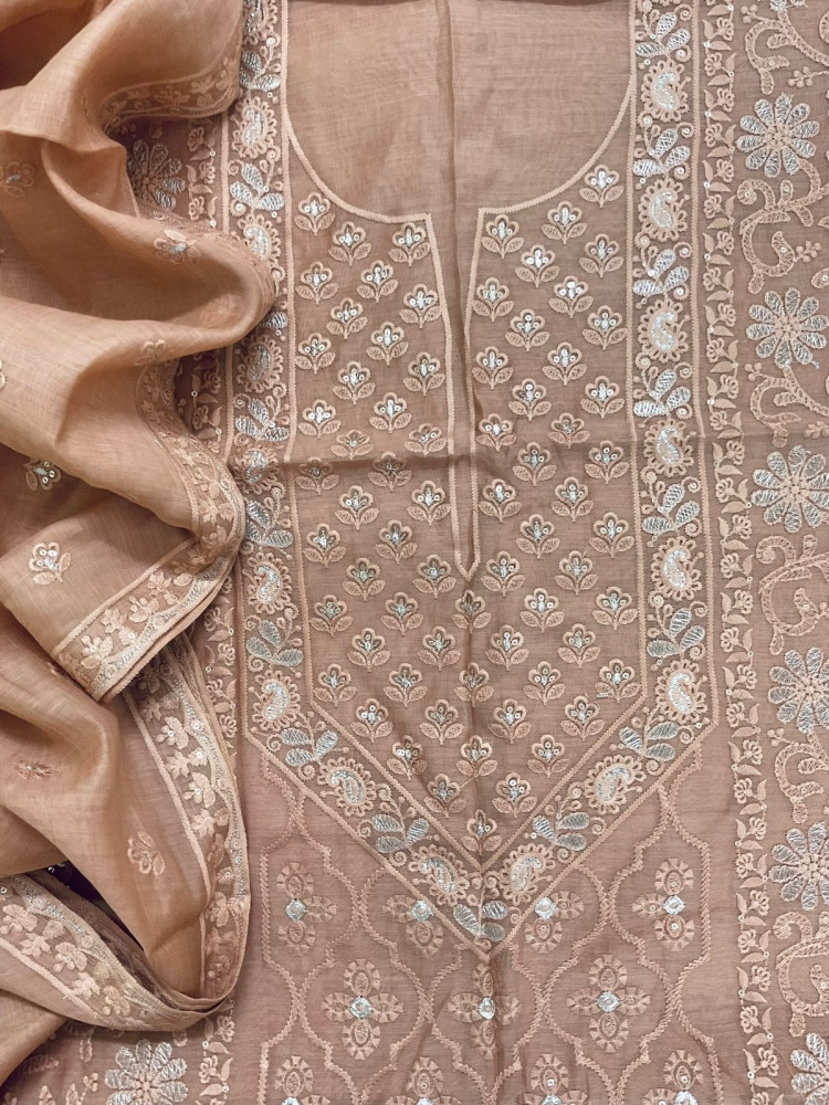Image of Pure Mul Chanderi Embroidered Suit - Peach