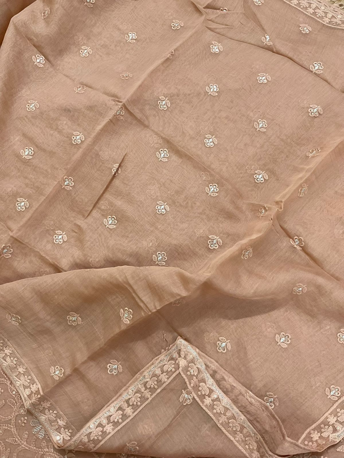Pure Mul Chanderi Embroidered Suit - Peach