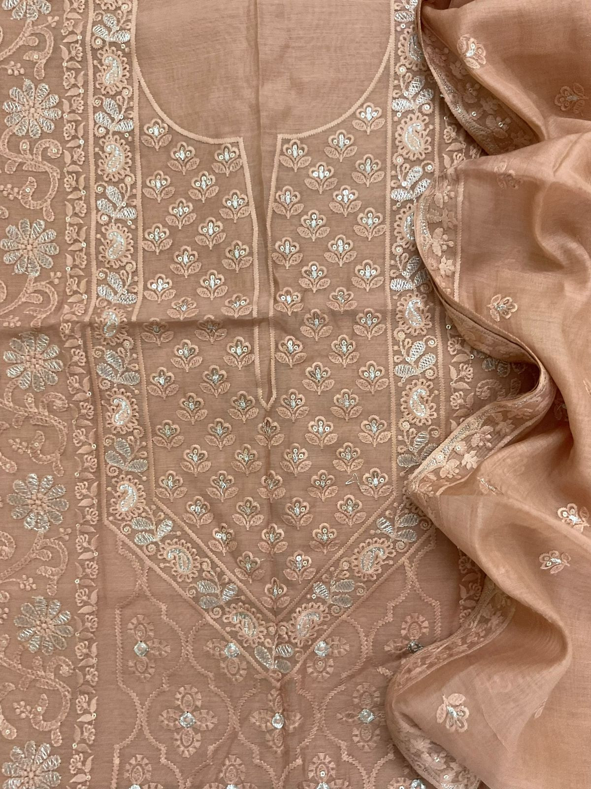 Pure Mul Chanderi Embroidered Suit - Peach