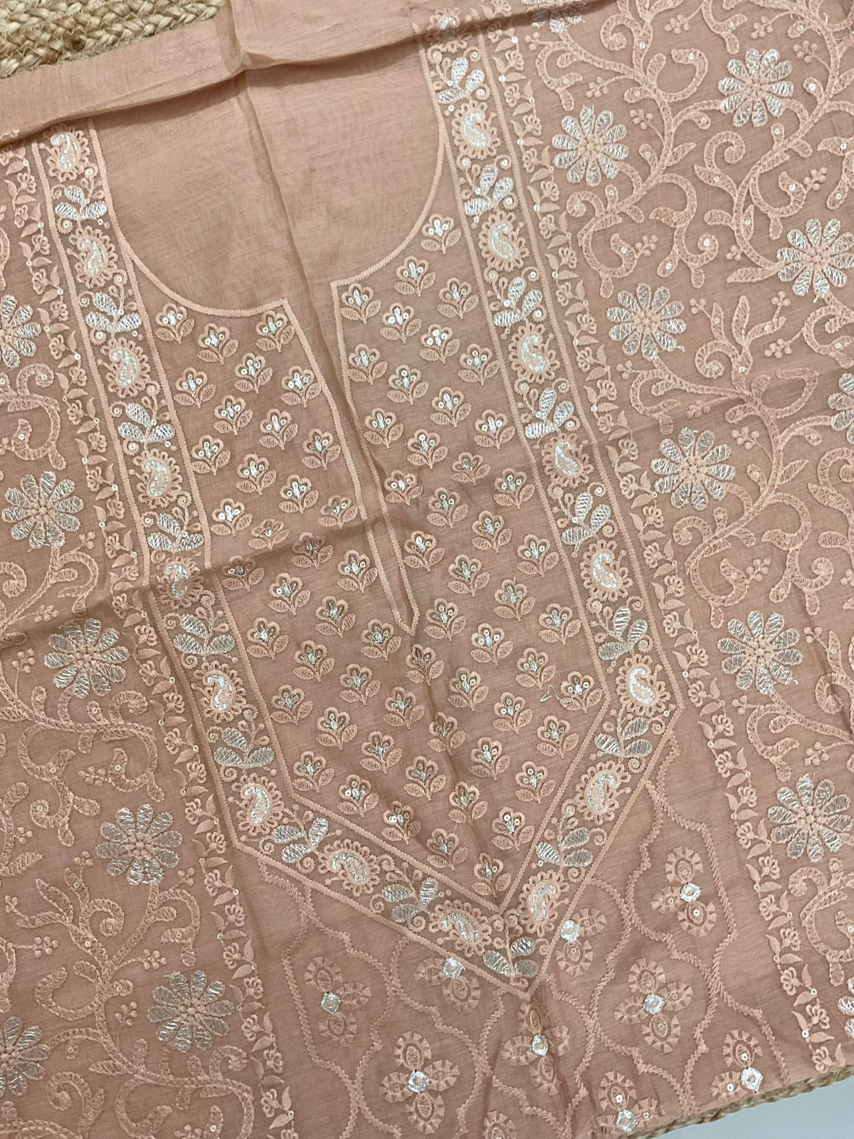 Pure Mul Chanderi Embroidered Suit - Peach
