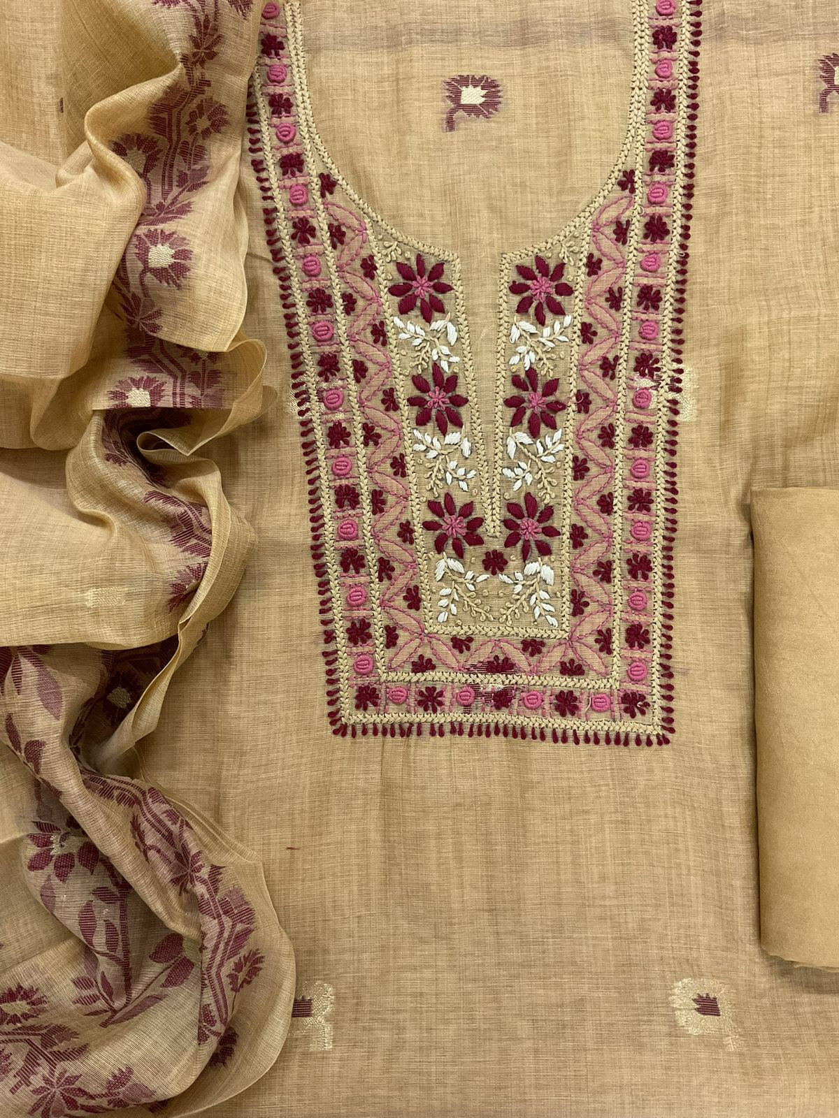 Soft Kora Chanderi Jamdani Weaved Embroidered Suit - Mustard