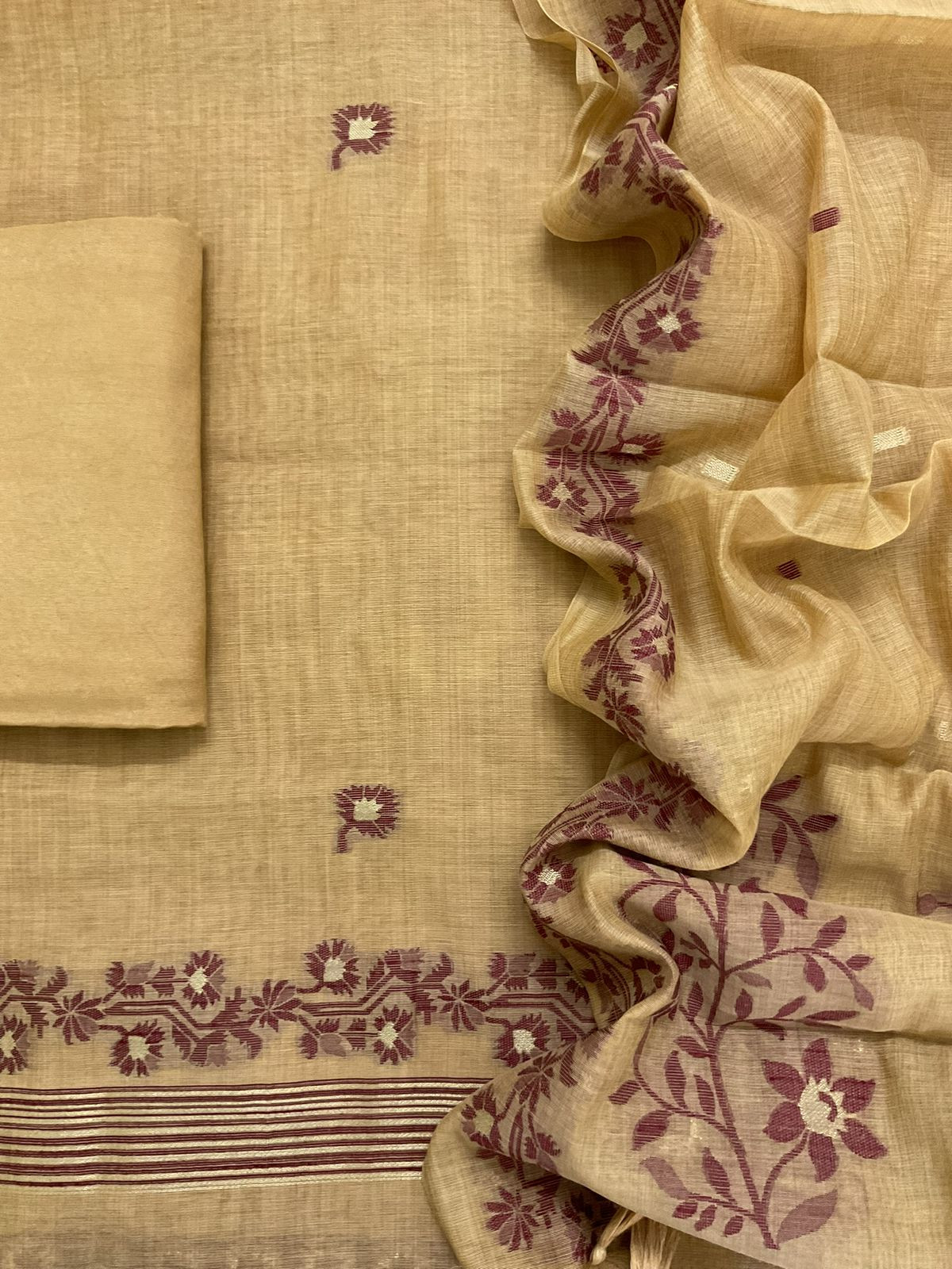 Soft Kora Chanderi Jamdani Weaved Embroidered Suit - Mustard