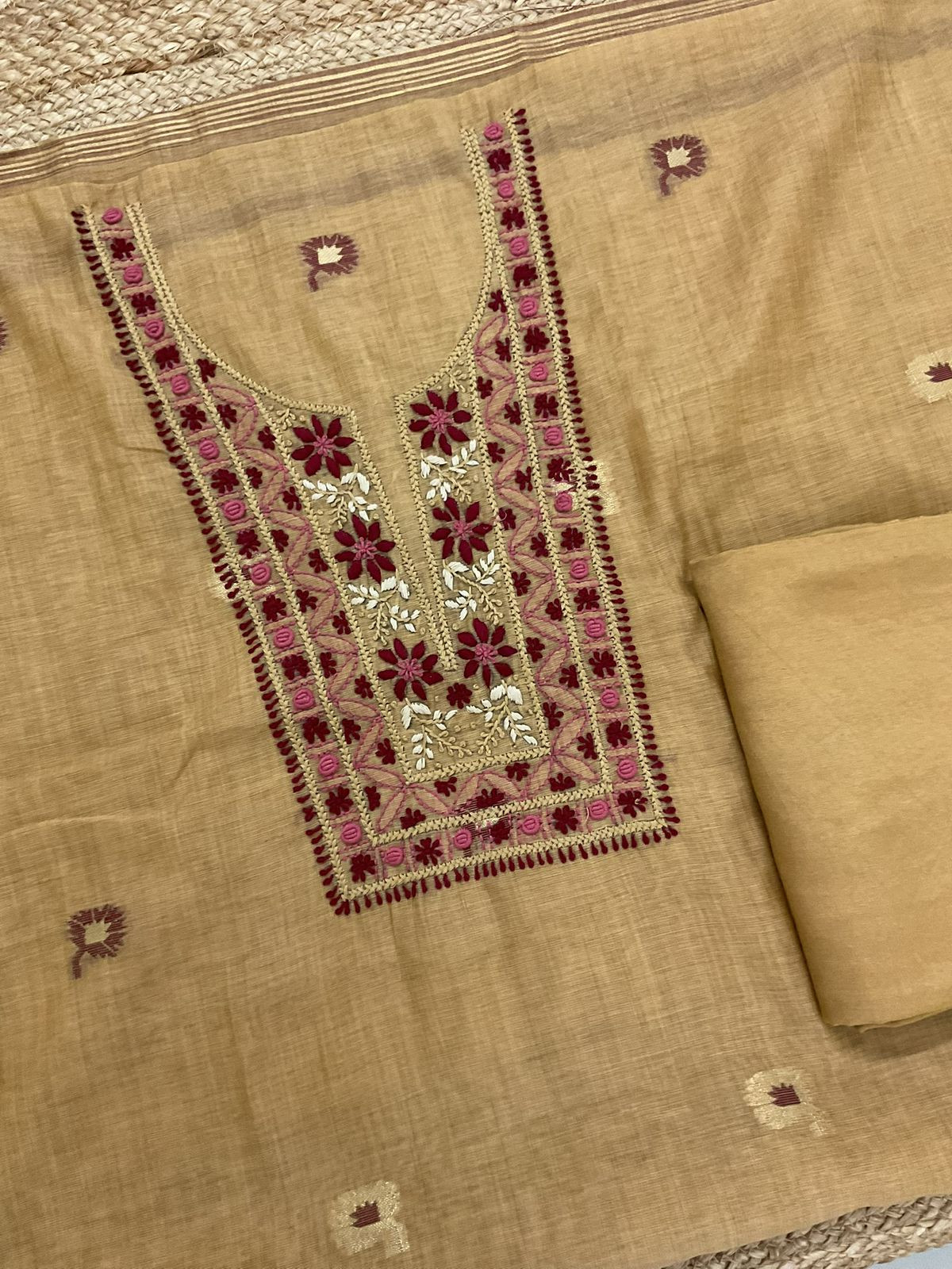 Soft Kora Chanderi Jamdani Weaved Embroidered Suit - Mustard