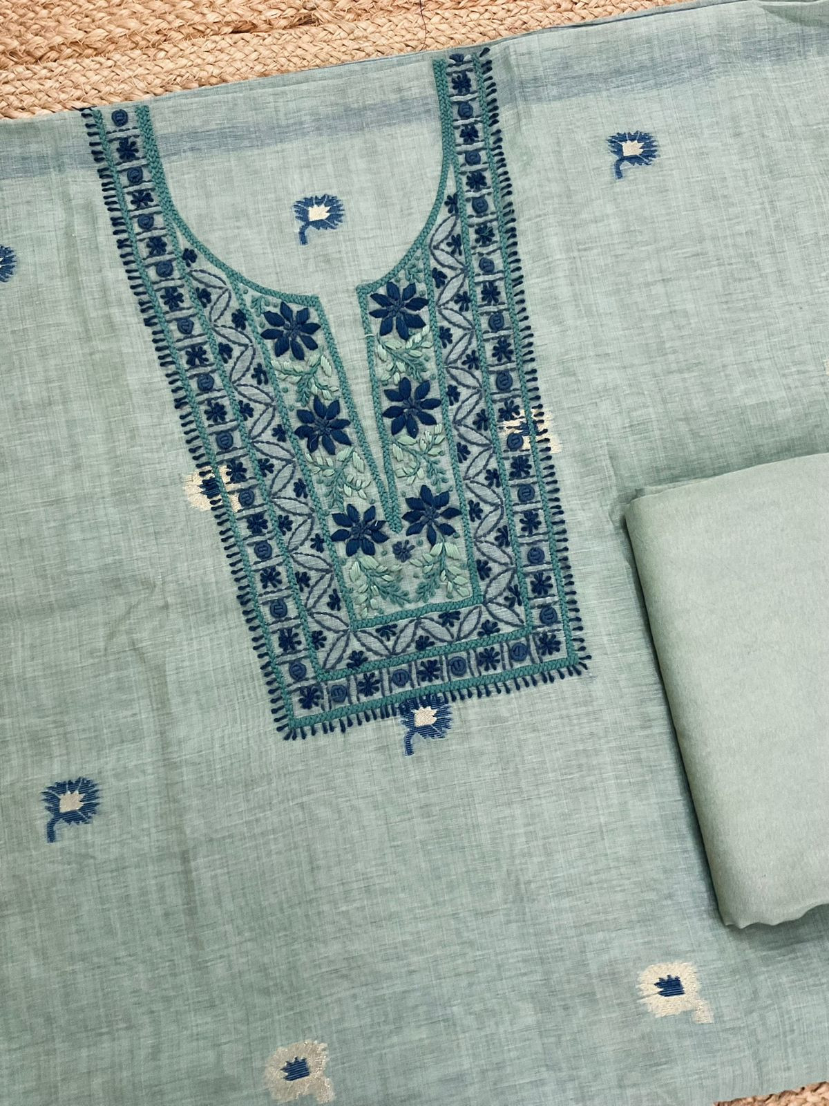 Soft Kora Chanderi Jamdani Weaved Embroidered Suit - Blue