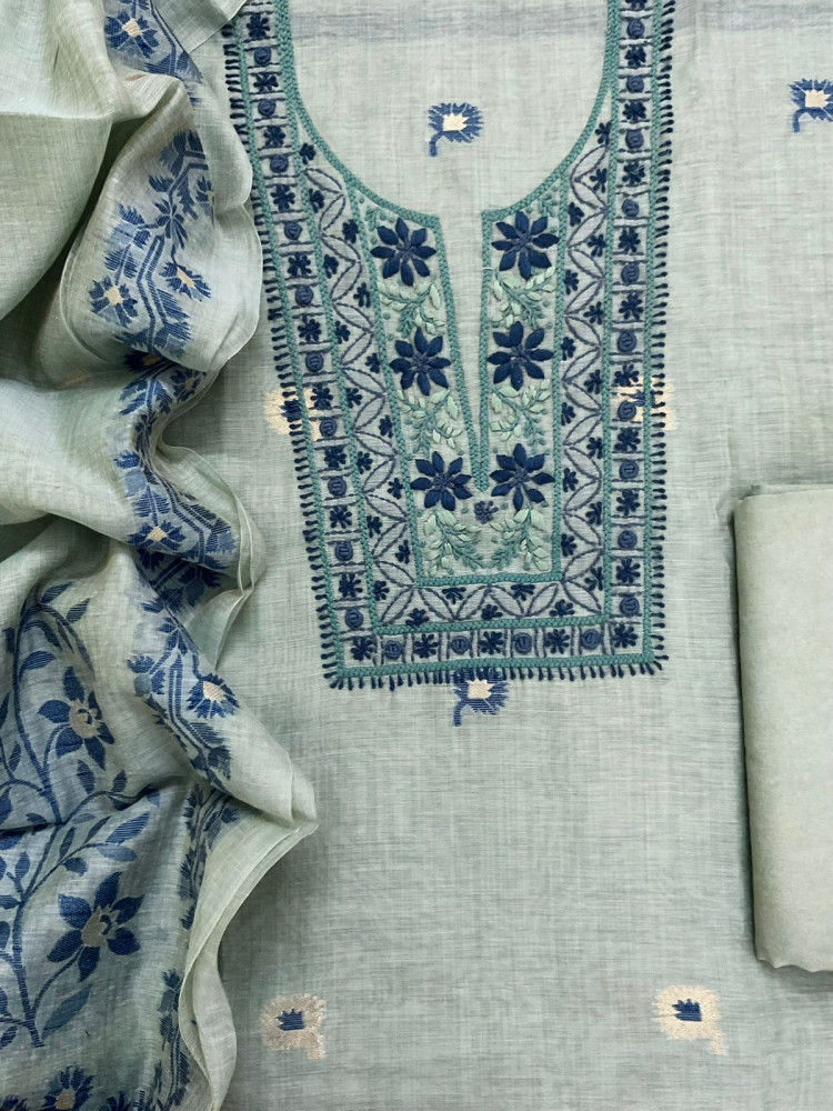 Image of Soft Kora Chanderi Jamdani Weaved Embroidered Suit - Blue