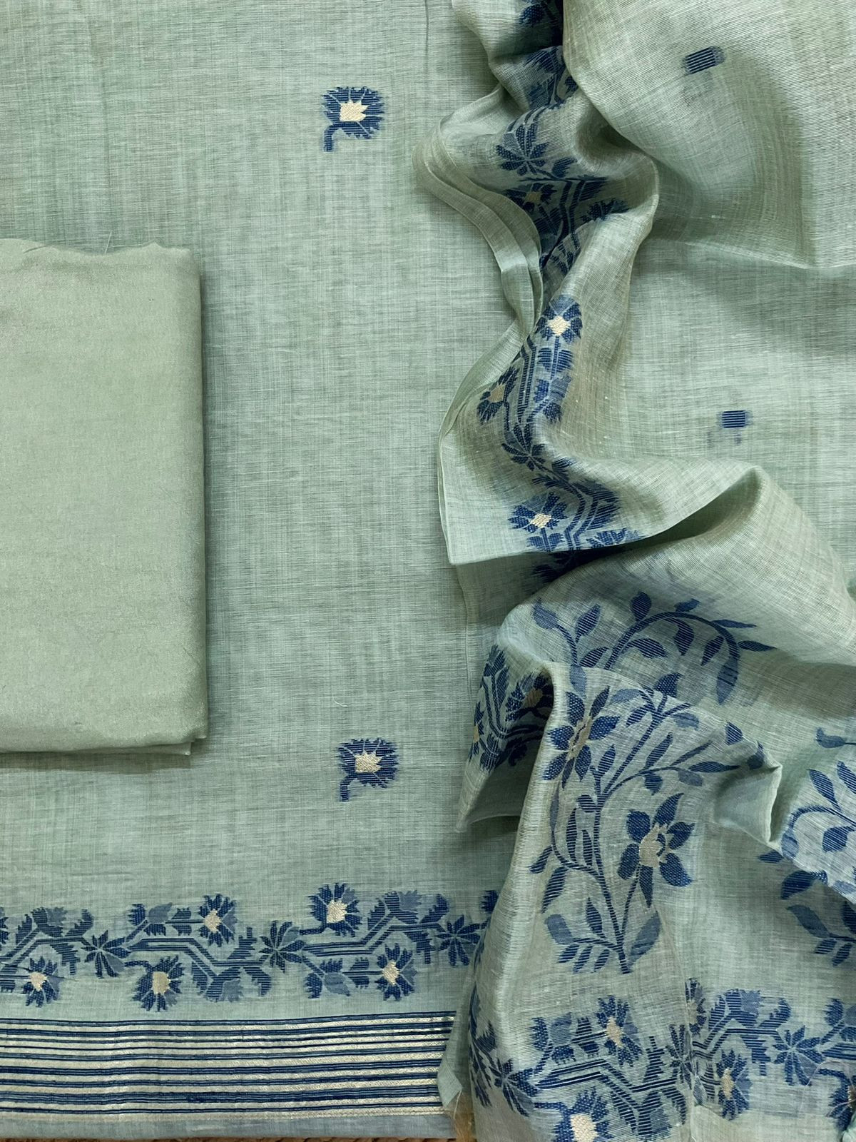 Soft Kora Chanderi Jamdani Weaved Embroidered Suit - Blue