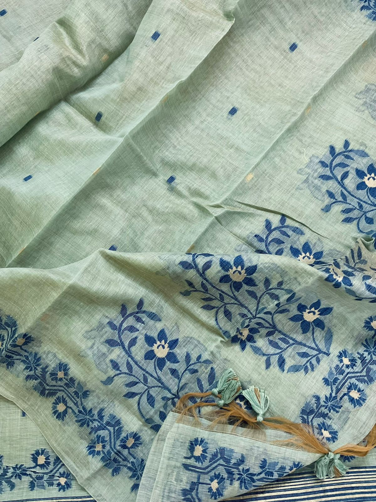 Soft Kora Chanderi Jamdani Weaved Embroidered Suit - Blue