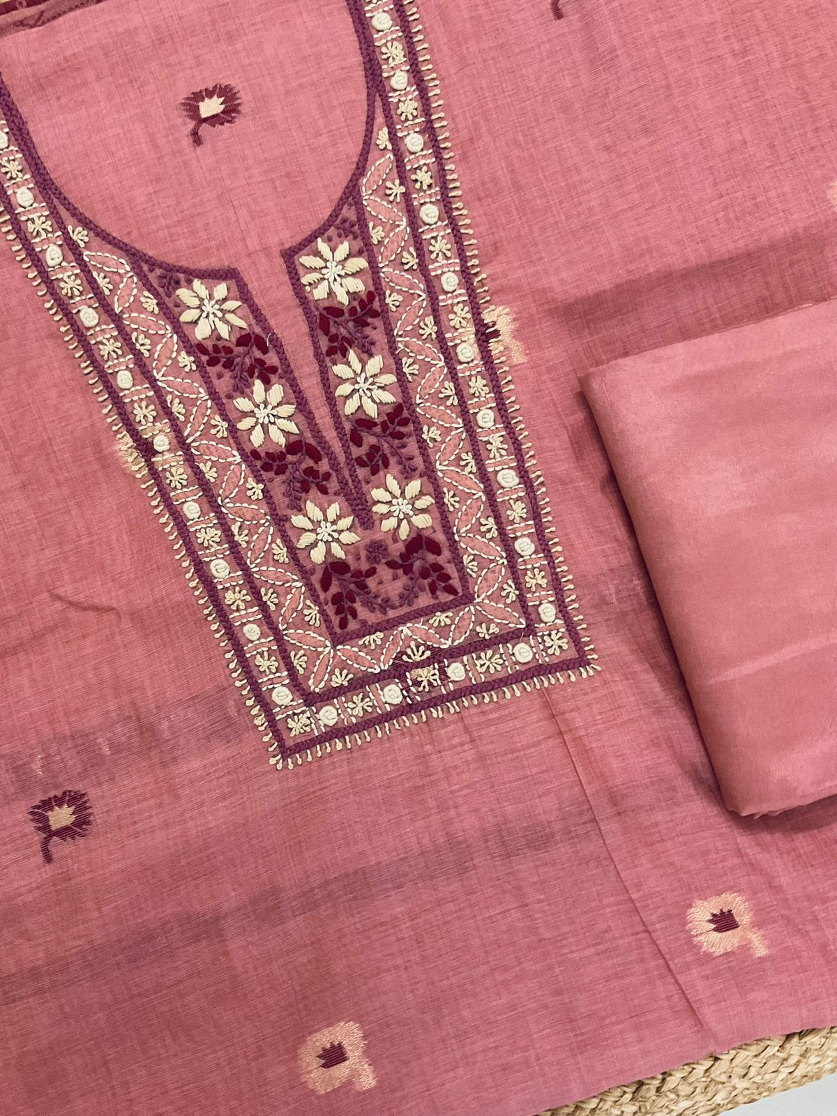 Soft Kora Chanderi Jamdani Weaved Embroidered Suit - Pink