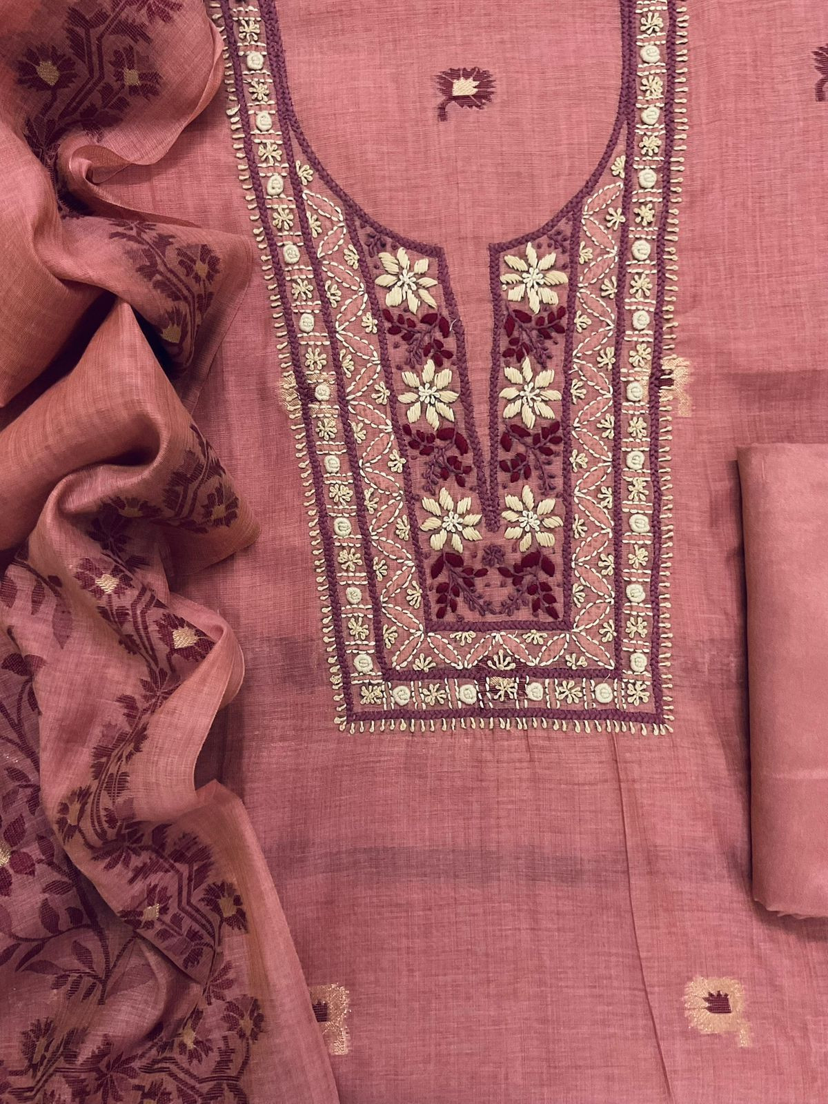 Soft Kora Chanderi Jamdani Weaved Embroidered Suit - Pink