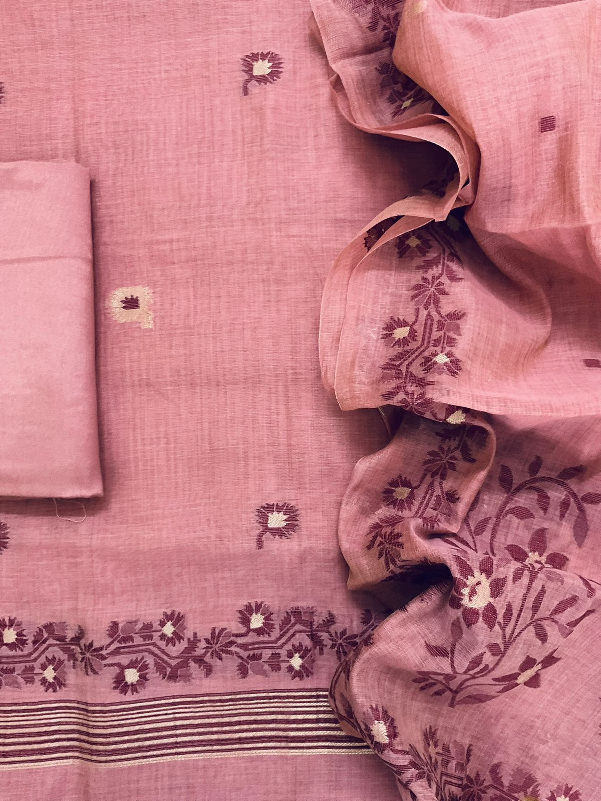 Soft Kora Chanderi Jamdani Weaved Embroidered Suit - Pink