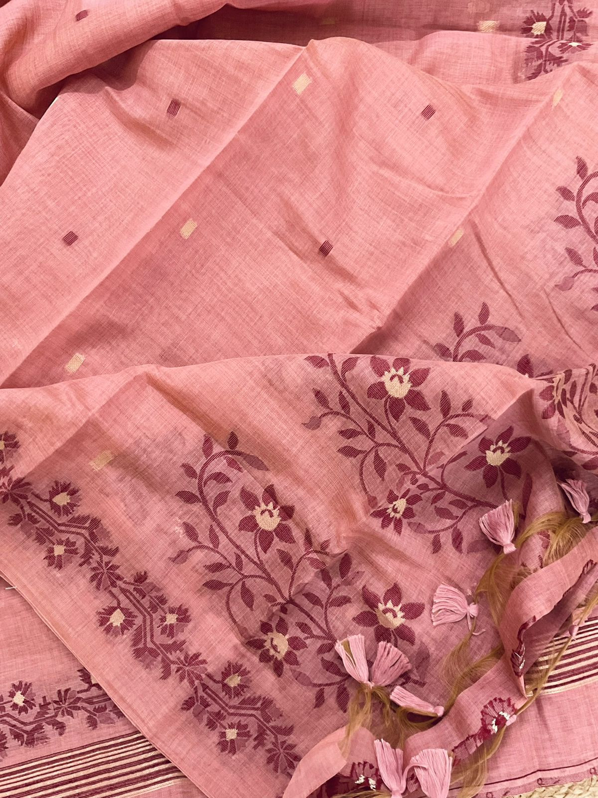 Soft Kora Chanderi Jamdani Weaved Embroidered Suit - Pink