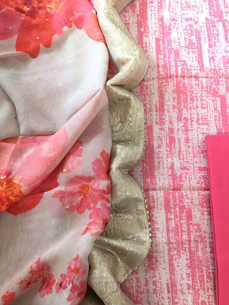 Image of Pure Linen Chanderi Printed Banarasi Weaved Suit - Pink