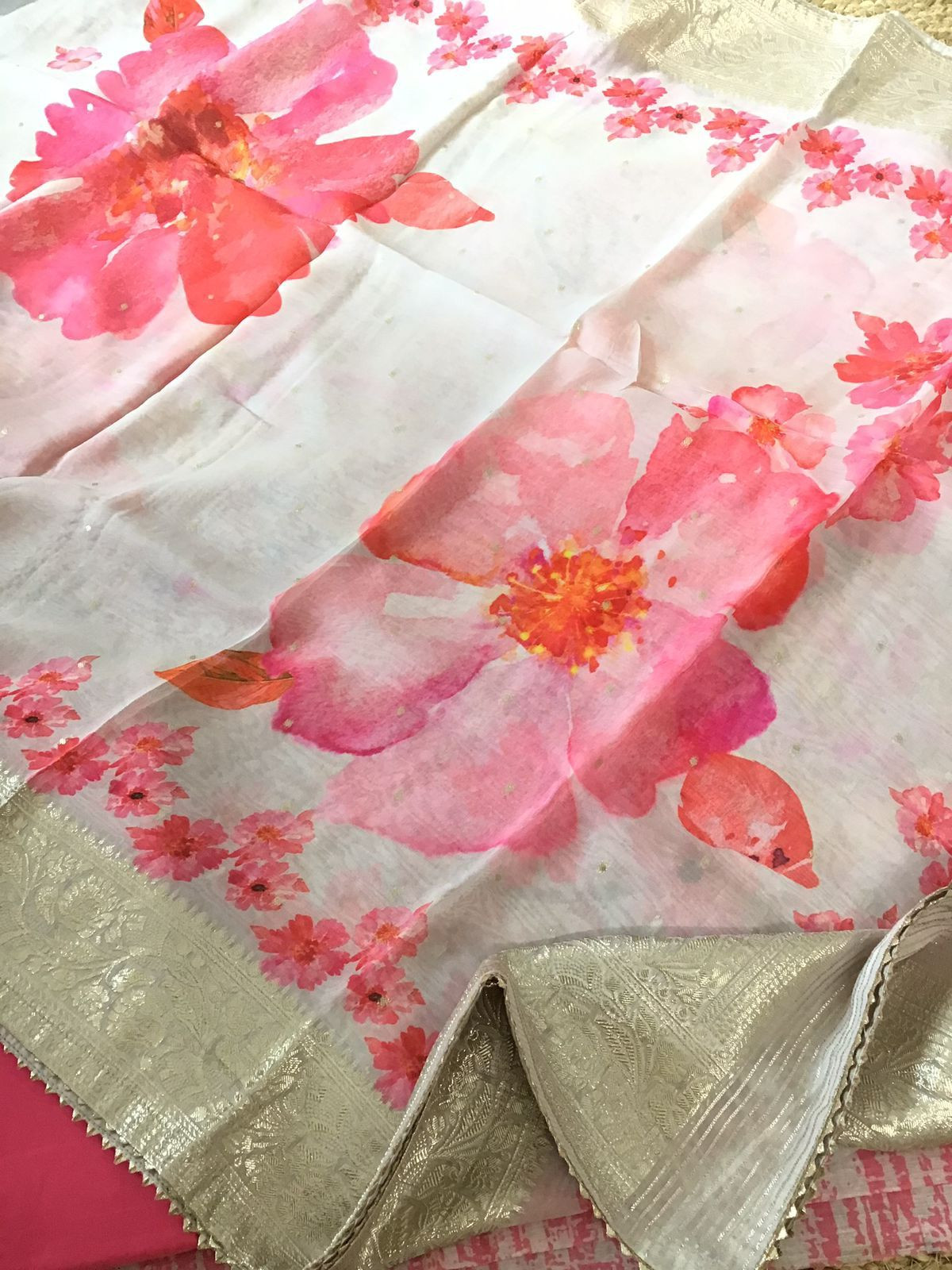 Pure Linen Chanderi Printed Banarasi Weaved Suit - Pink