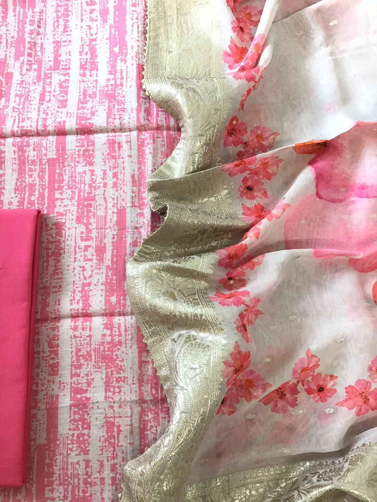 Pure Linen Chanderi Printed Banarasi Weaved Suit - Pink