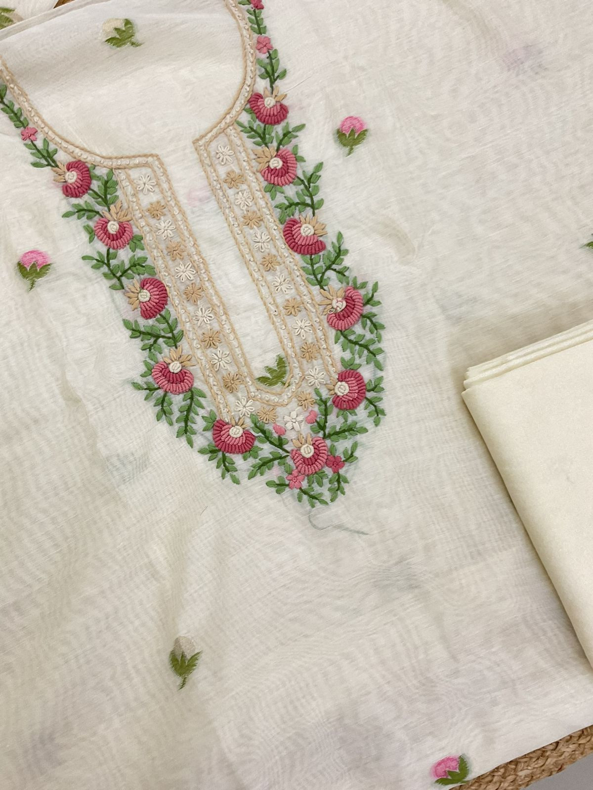 Soft Chanderi Jamdani Weaved Embroidered Suit - Cream