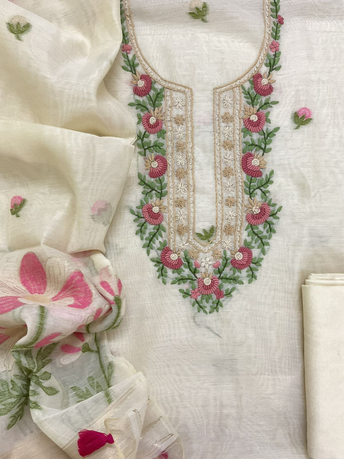 Soft Chanderi Jamdani Weaved Embroidered Suit - Cream