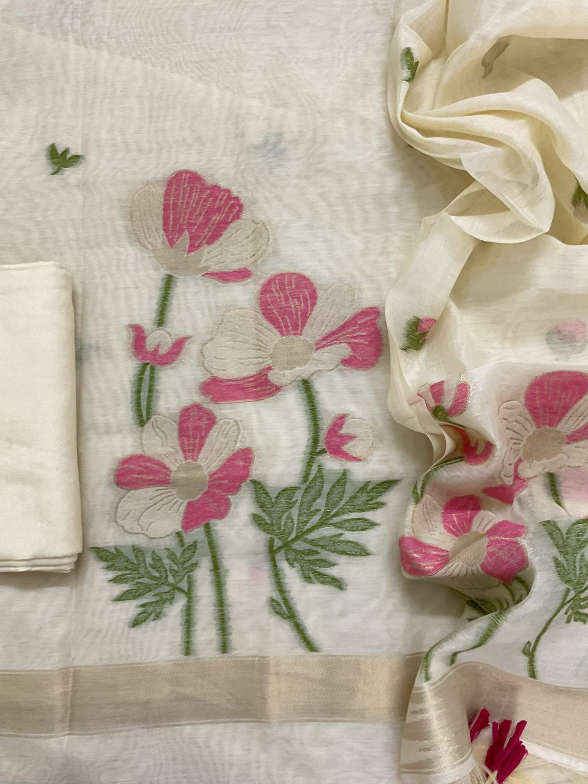 Soft Chanderi Jamdani Weaved Embroidered Suit - Cream