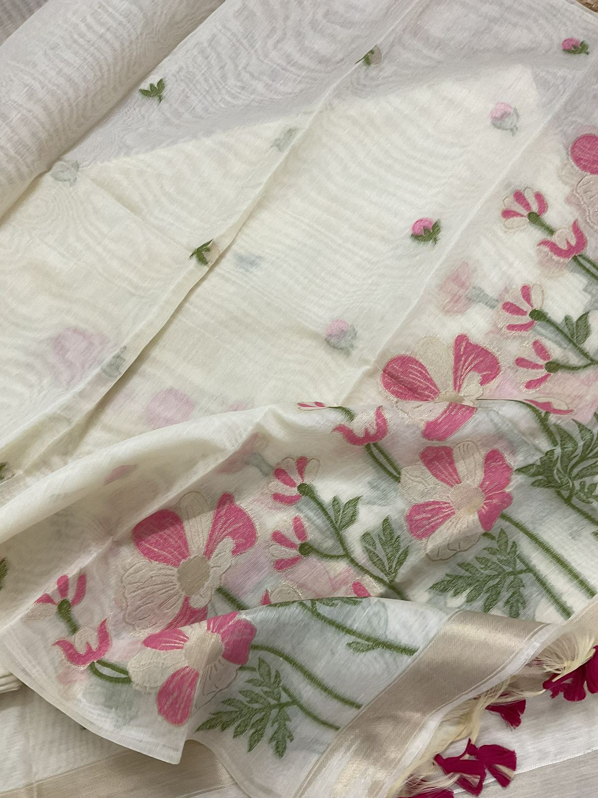 Soft Chanderi Jamdani Weaved Embroidered Suit - Cream