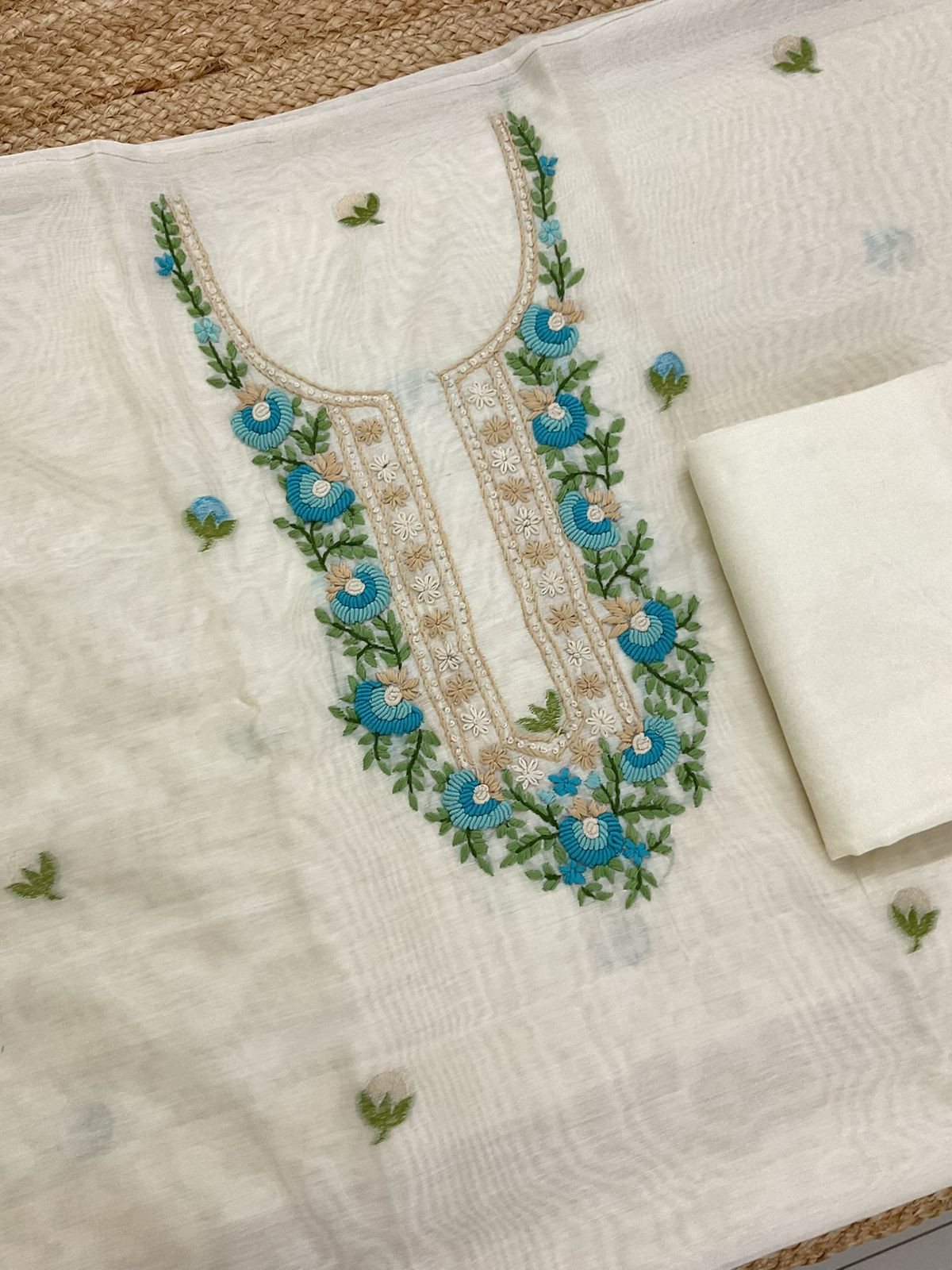 Soft Chanderi Jamdani Weaved Embroidered Suit - Cream