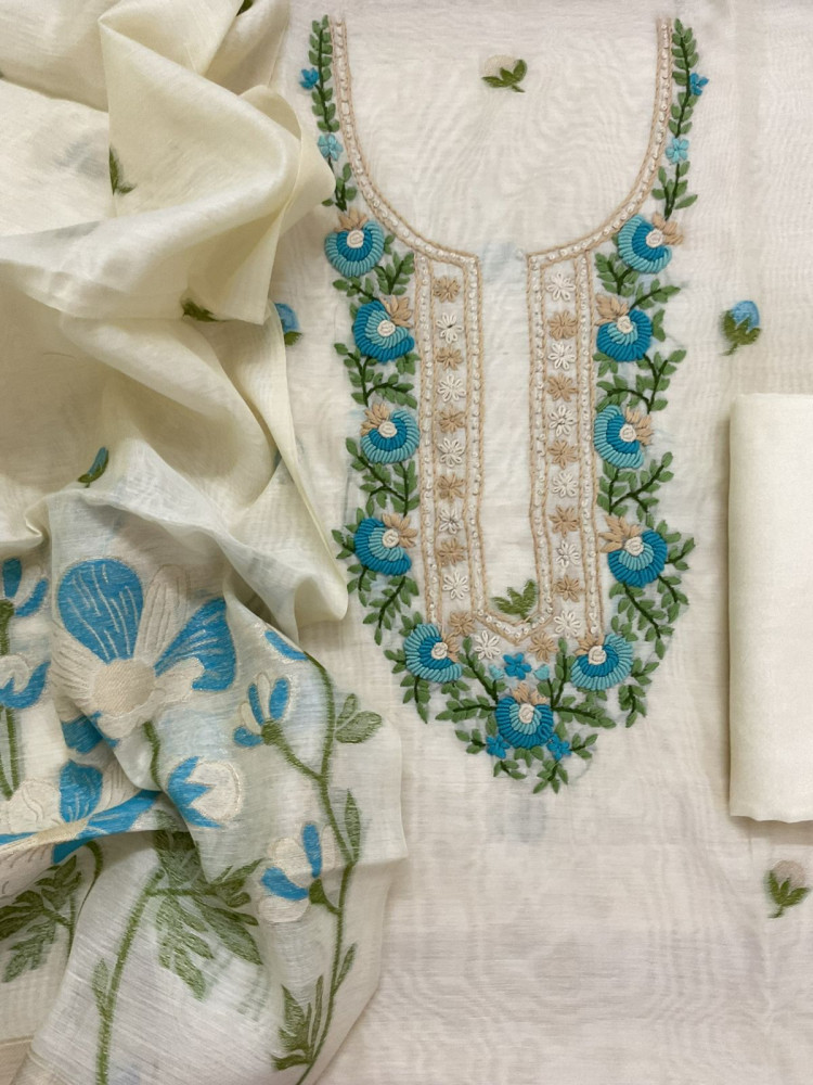 Image of Soft Chanderi Jamdani Weaved Embroidered Suit - Cream