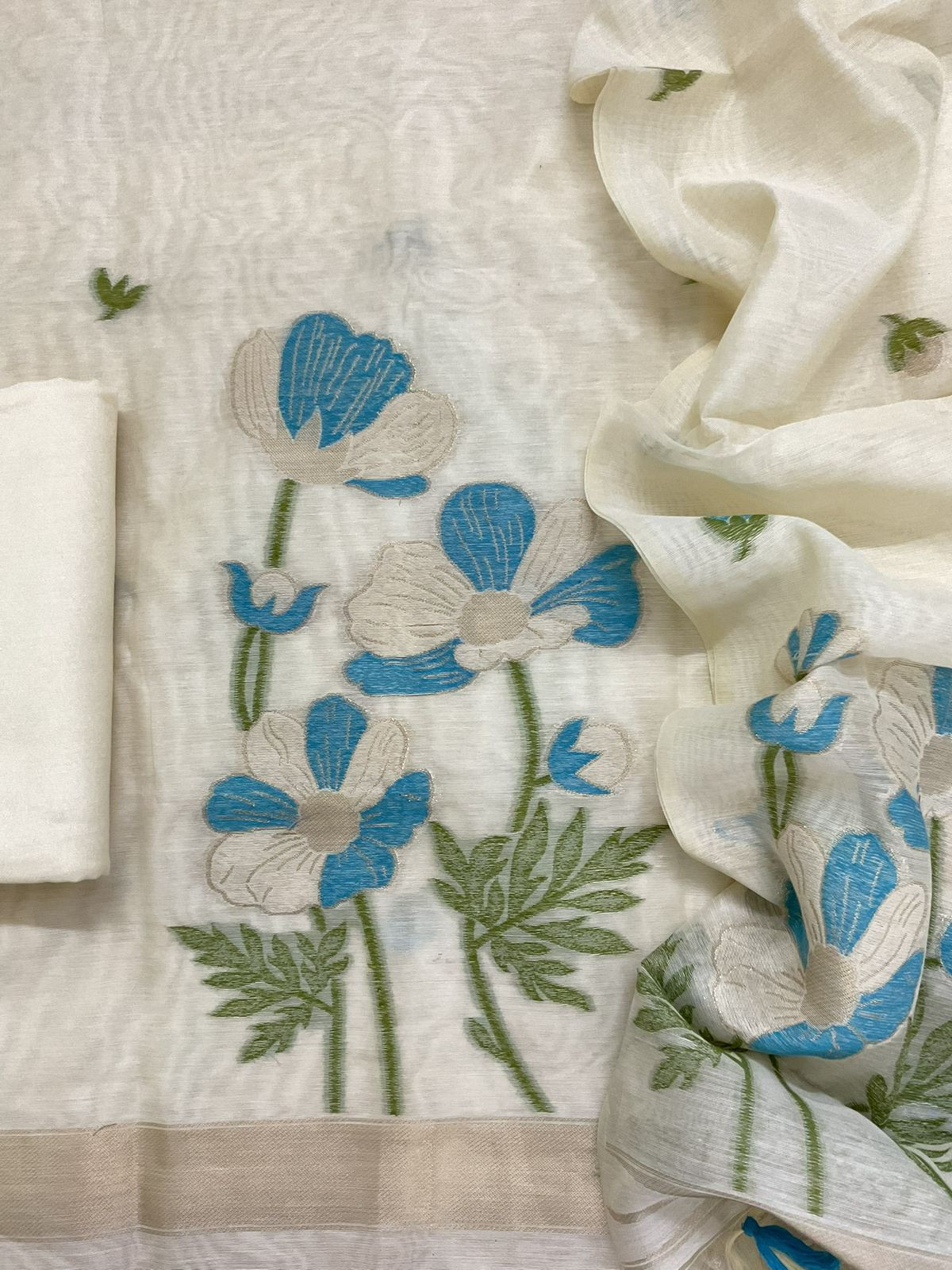 Soft Chanderi Jamdani Weaved Embroidered Suit - Cream