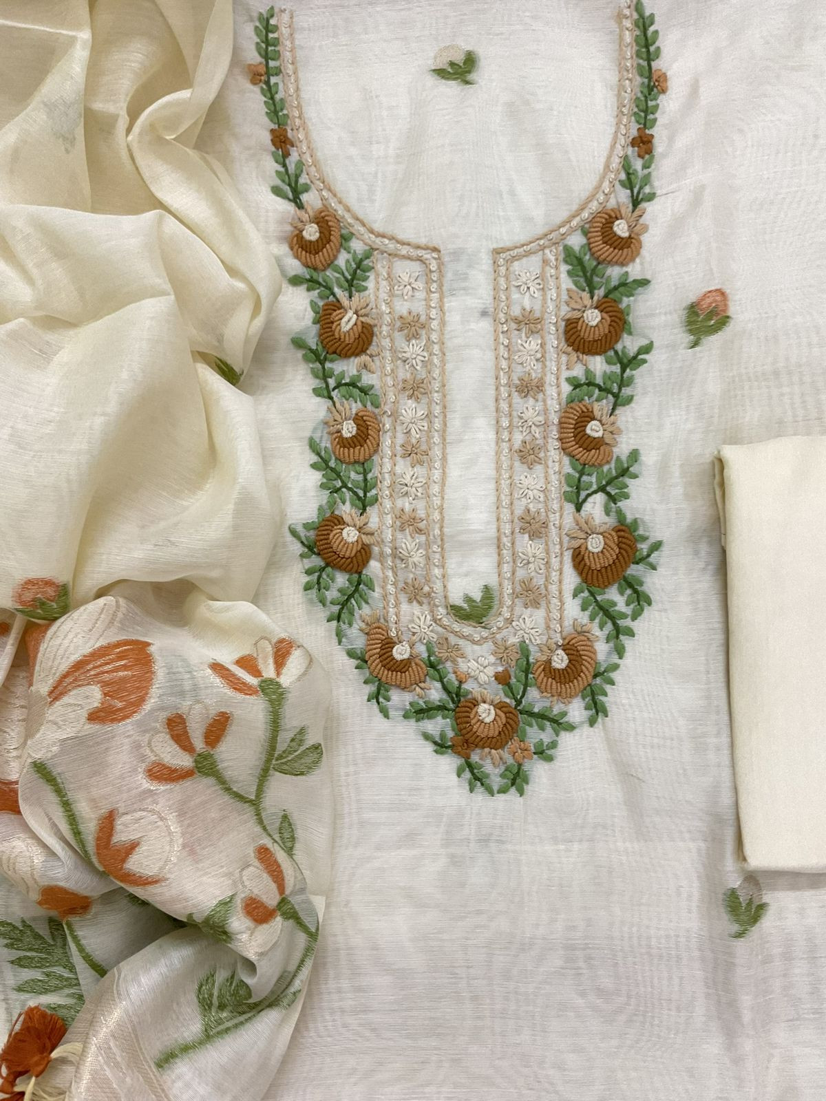 Soft Chanderi Jamdani Weaved Embroidered Suit - Cream
