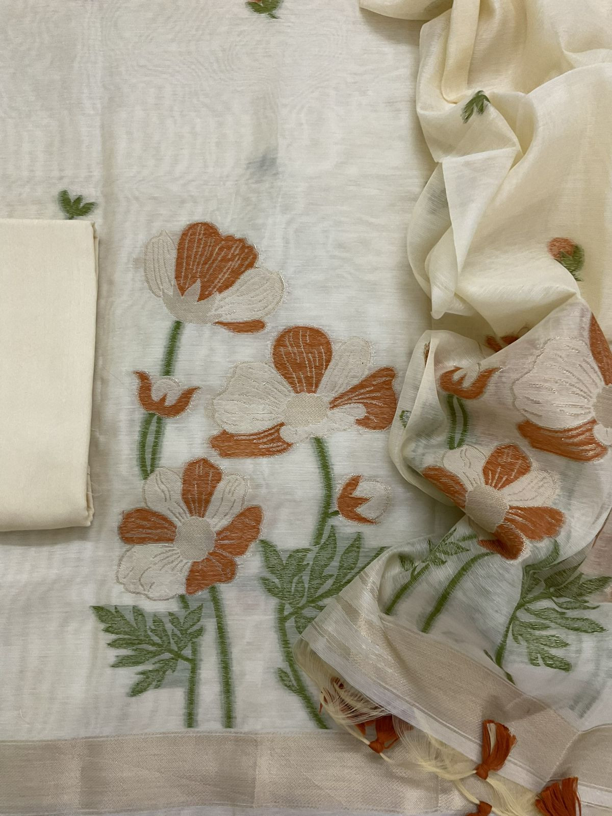 Soft Chanderi Jamdani Weaved Embroidered Suit - Cream