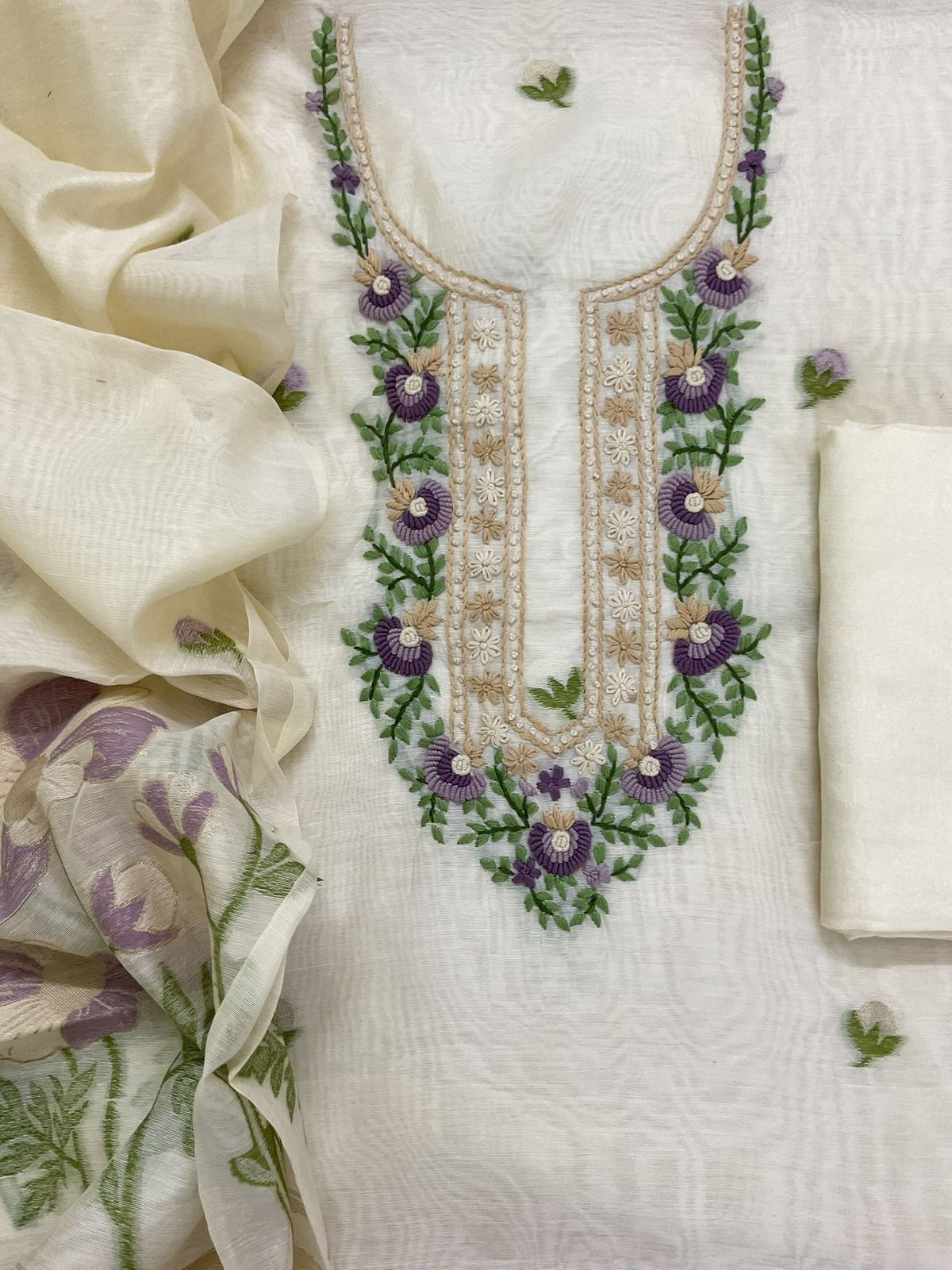 Soft Chanderi Jamdani Weaved Embroidered Suit - Cream