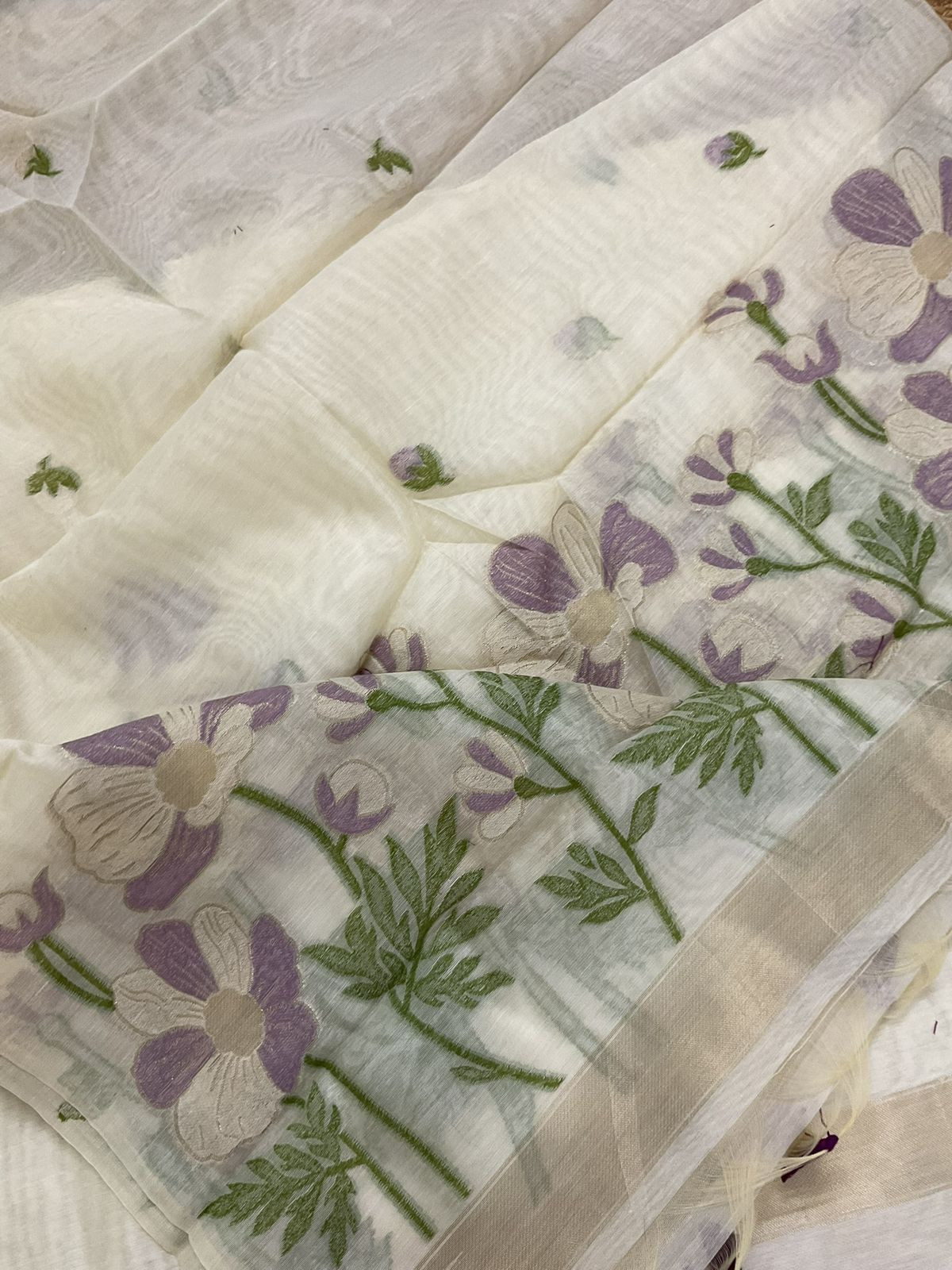 Soft Chanderi Jamdani Weaved Embroidered Suit - Cream