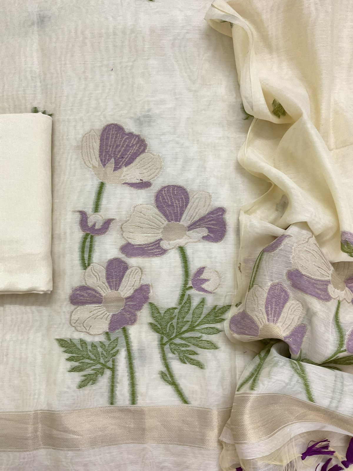 Soft Chanderi Jamdani Weaved Embroidered Suit - Cream