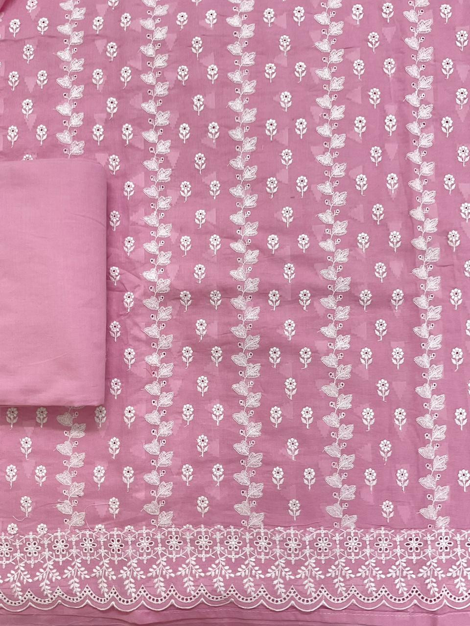 Pure Cotton Self Weaved Embroidered Suit - Pink