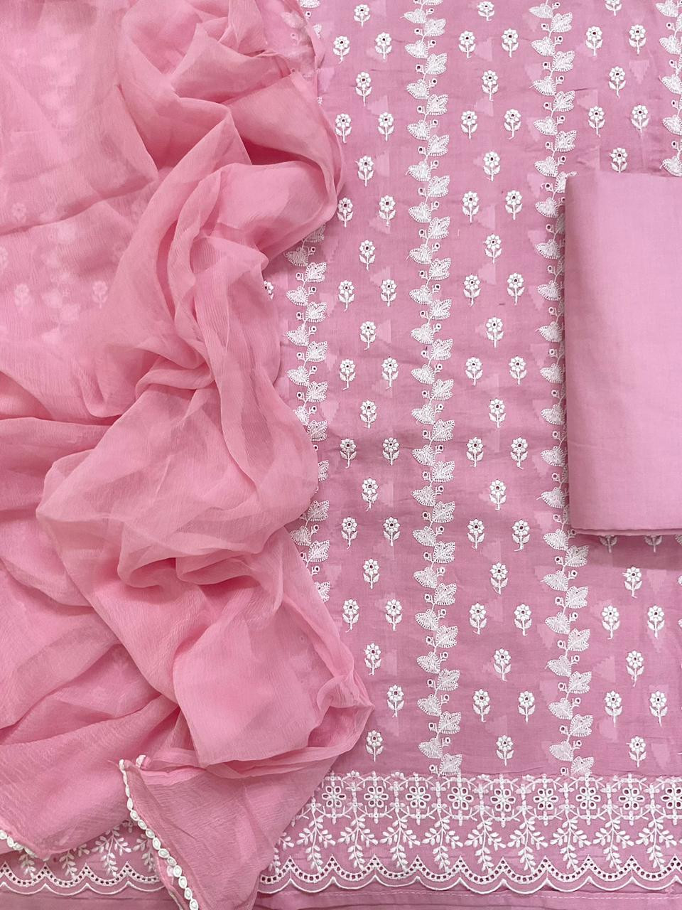 Pure Cotton Self Weaved Embroidered Suit - Pink