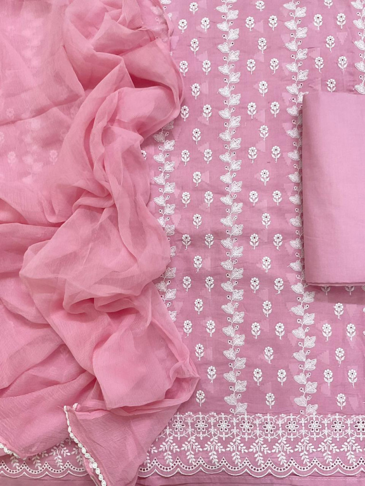Image of Pure Cotton Self Weaved Embroidered Suit - Pink