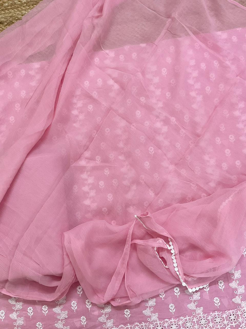 Pure Cotton Self Weaved Embroidered Suit - Pink