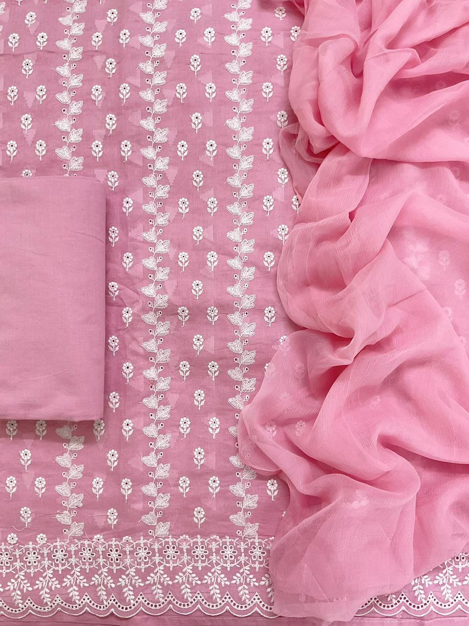 Pure Cotton Self Weaved Embroidered Suit - Pink