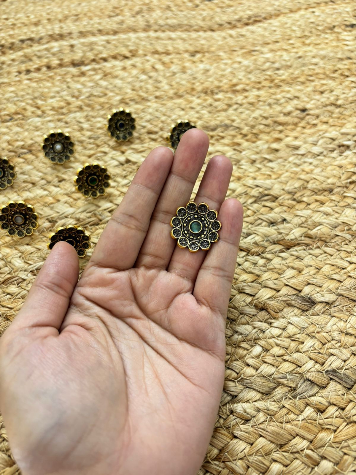 Metallic Oxidised Adjustable Gold Finger Ring - Sea Green