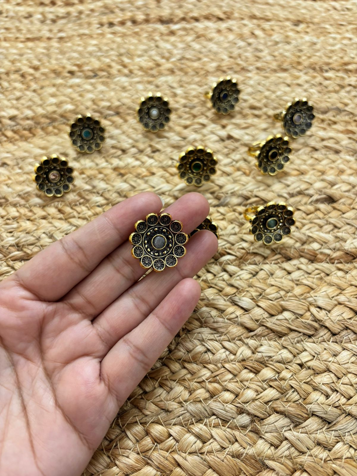 Metallic Oxidised Adjustable Gold Finger Ring - Green