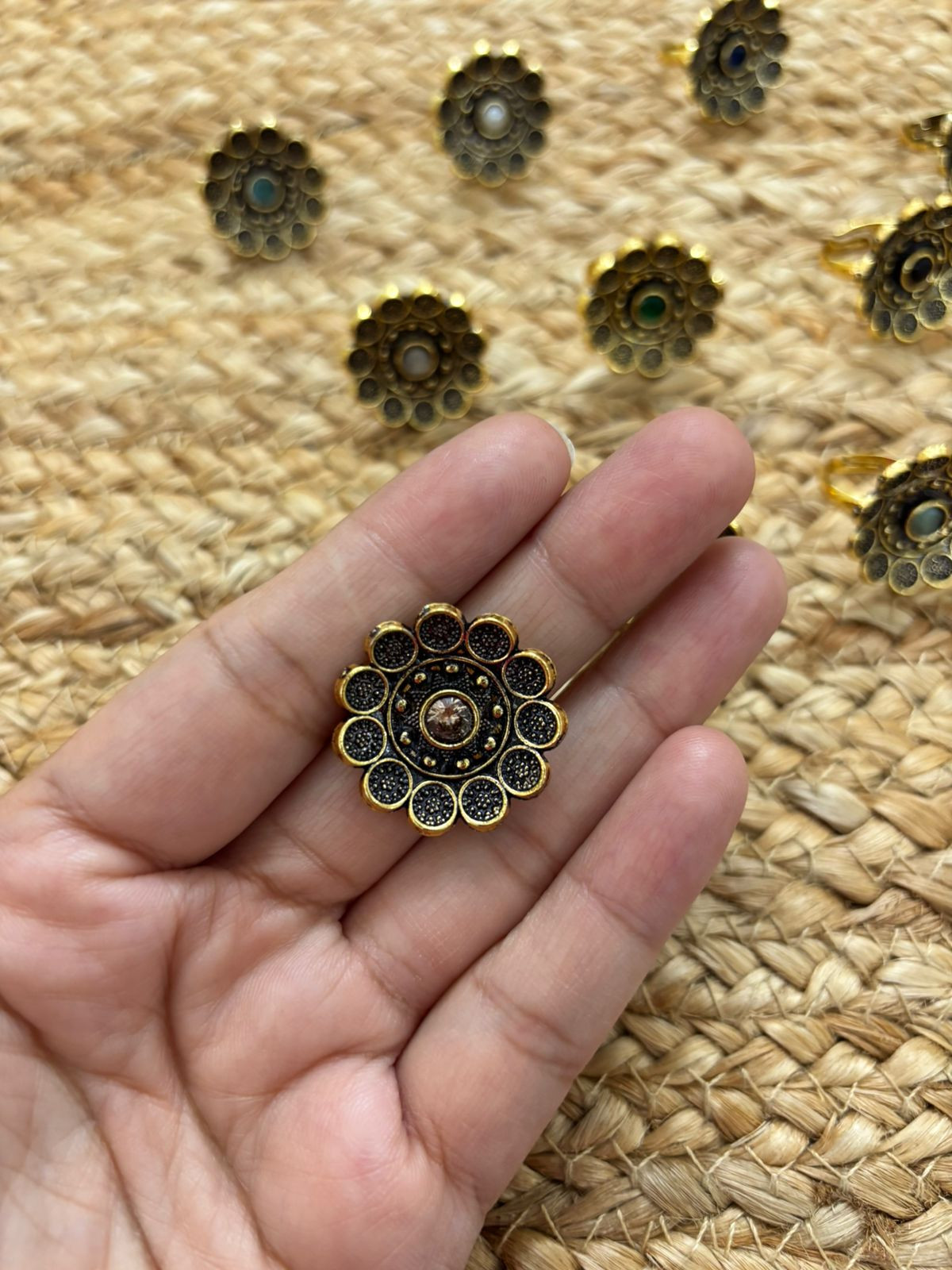 Metallic Oxidised Adjustable Gold Finger Ring - Peach