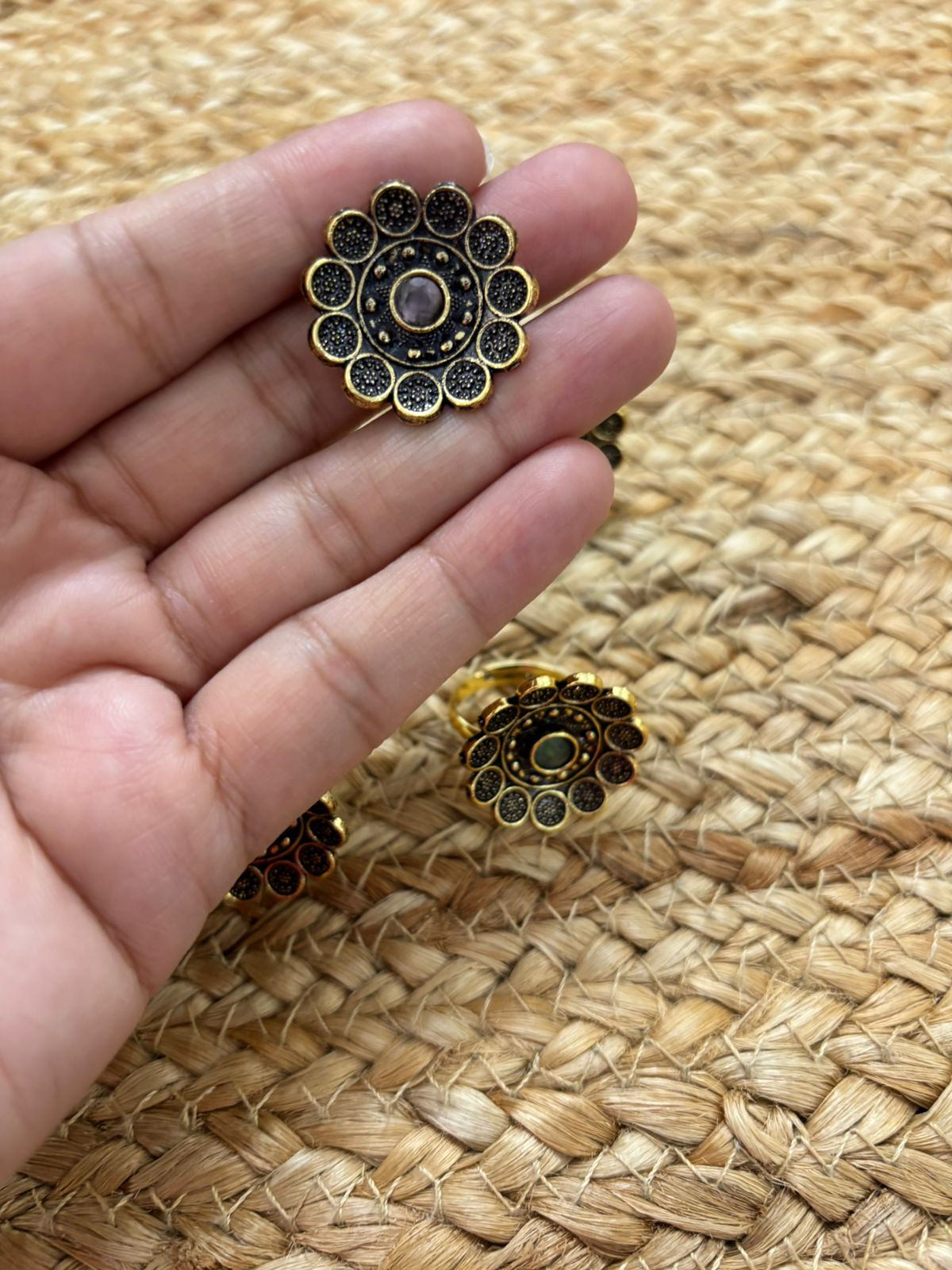 Metallic Oxidised Adjustable Gold Finger Ring - Light Pink