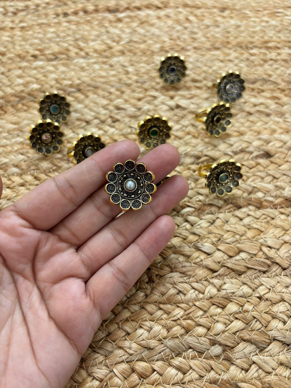 Metallic Oxidised Adjustable Gold Finger Ring - Pearl