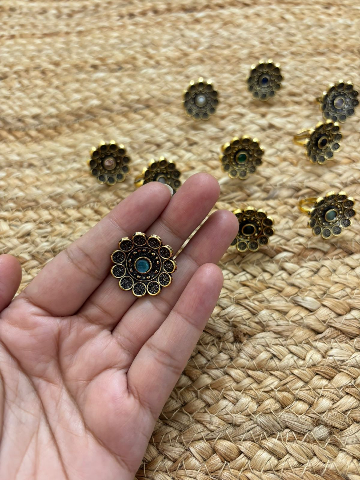 Metallic Oxidised Adjustable Gold Finger Ring - Sea Blue