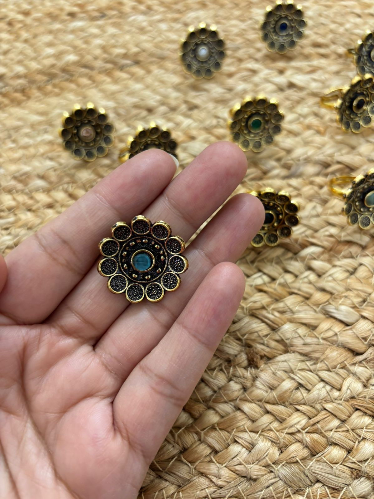 Metallic Oxidised Adjustable Gold Finger Ring - Sea Blue