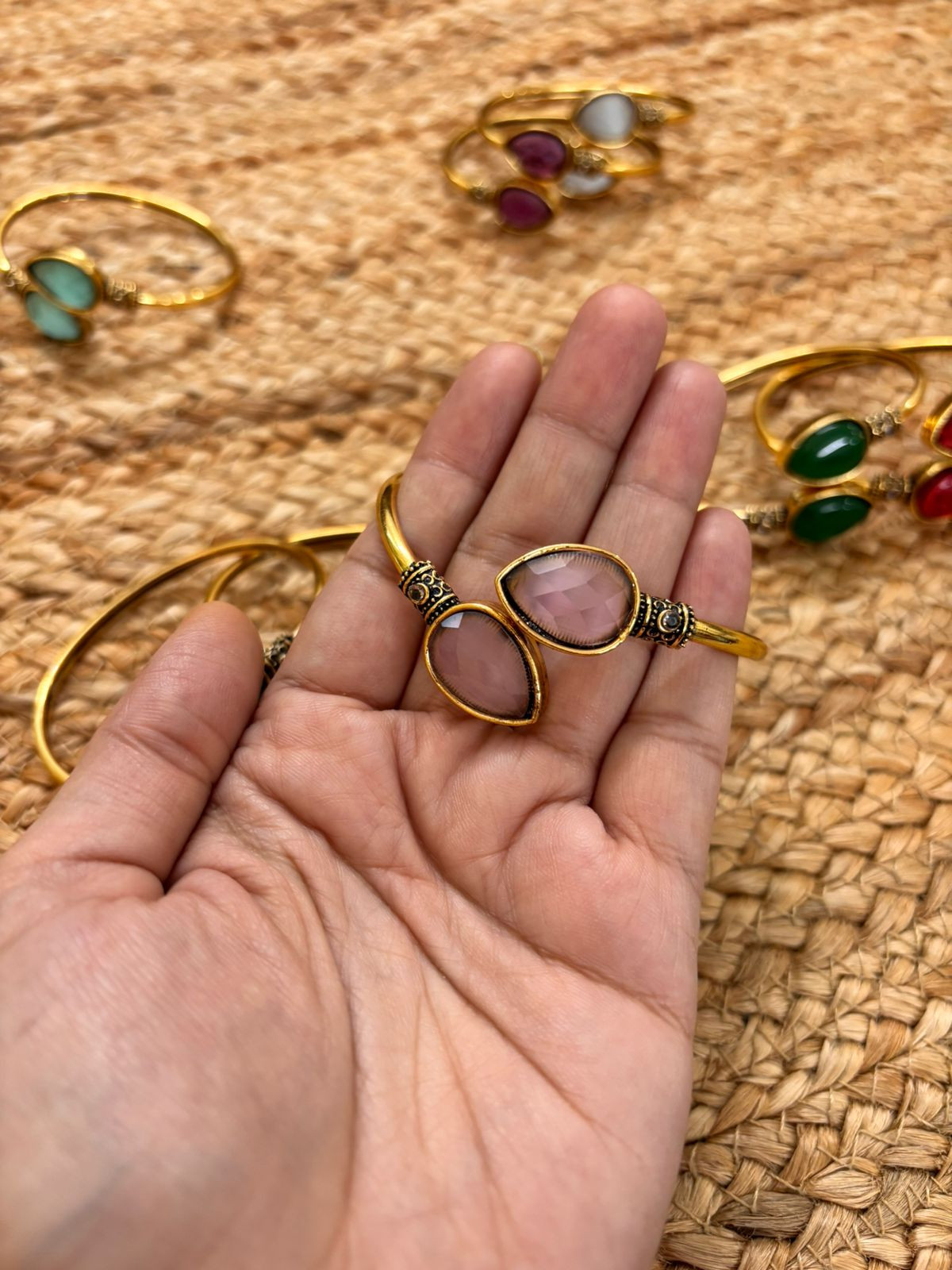 Metallic Oxidised Adjustable Gold Bangle - Pink