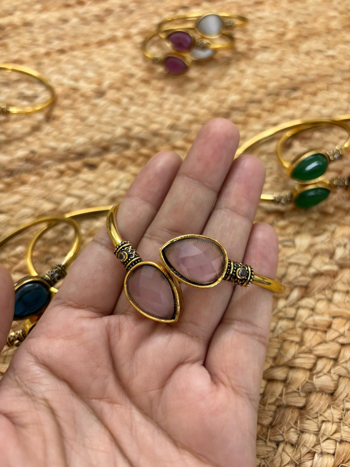 Metallic Oxidised Adjustable Gold Bangle - Pink